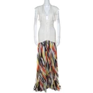Herve Leger White Sequin Knit and Multicolor Printed Chiffon Backless Maxi Dress S 
