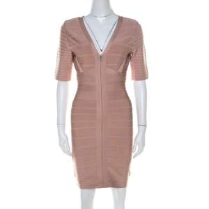 Herve Leger Beige Zip Front Lilith Bandage Dress S