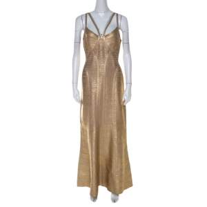 Herve Leger Gold Brushed Effect Bandage Gabriela Gown L