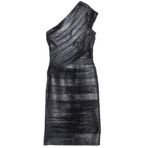 Herve Leger Black Foil Printed One Shoulder Josephine Dress XXS