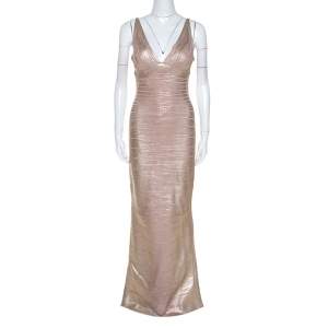 Herve Leger Metallic Rose Gold Foil Knit Bandage Maxi Dress M