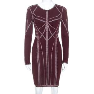 Herve Leger Burgundy Long Sleeve Metallic Trim Elaina Bodycon Dress XS