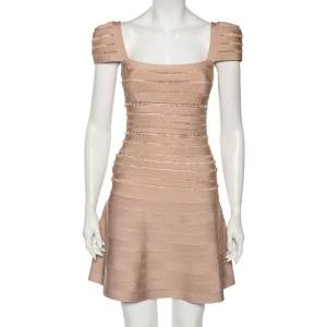 Herve Leger Blush Pink Spandex Bead Embellished Cap Sleeve Top & Cecilia Skirt Set S