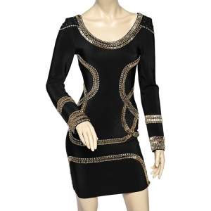 Herve Leger Black Embellished Stretch Knit Long Sleeve Mini Dress M 