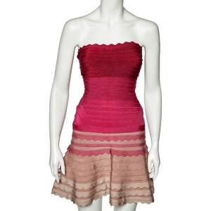 Herve Leger Fuchsia Ombre Knit Scalloped Strapless Dress S