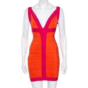 Herve Leger Orange & Pink Colorblock Bandage Billie Mini Dress XS
