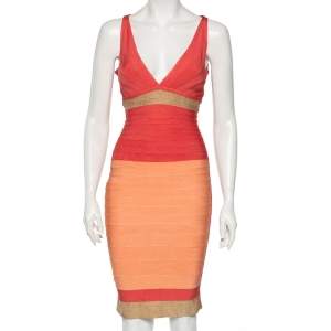 Herve Leger Colorblock Bandage & Lurex Paneled V-Neck Skye Bodycon Dress XS