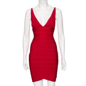 Herve Leger Pink Bandage Plunge Neck Bodycon Dress XS