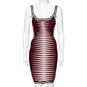 Herve Leger Maroon & Cream Patterned Stretch Knit Karlie Short Dress XS