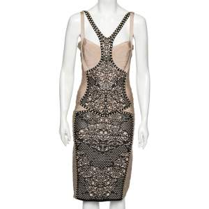 Herve Leger Light Beige Bandage Laser Cut Detailed Bodycon Dress M