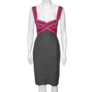 Herve Leger Grey and Pink Bandage Sleeveless Bodycon Dress M