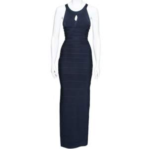 Herve Leger Navy Blue Bandage Bodycon Halter Neck Maxi Dress XS