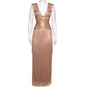Herve Leger Gold Bandage Fringed Bodycon Evening Dress XS