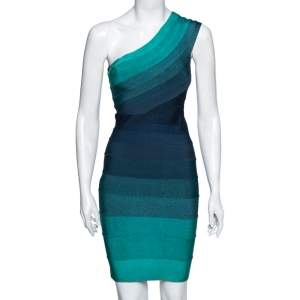 Herve Leger Blue & Green Ombre Bandage One-Shoulder Eliana Dress S 