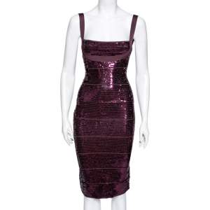Herve Leger Purple Sequin Embellished Bandage Sleeveless Bodycon Dress S