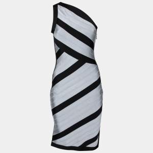 Herve Leger Black & Grey Bandage One Shoulder Bodycon Dress M