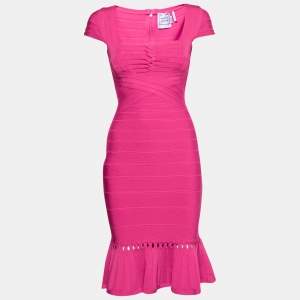 Herve Leger Pink Bandage Cap Sleeve Muriel Bodycon Dress XS