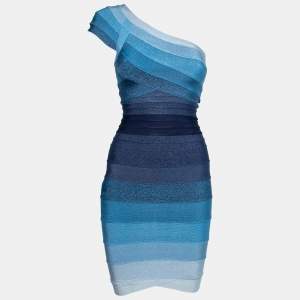 Herve Leger Blue Ombre Bandage One-Shoulder Anett Bodycon Dress XS 
