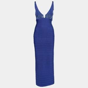 Herve Leger Blue Bandage Embellished Plunge Neck Bodycon Dress S