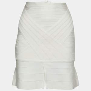 Herve Leger Ivory Bandage Flared Hem Detail Skirt XS