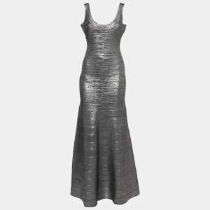 Herve Leger Metallic Grey Bandage Flared Maxi Dress M
