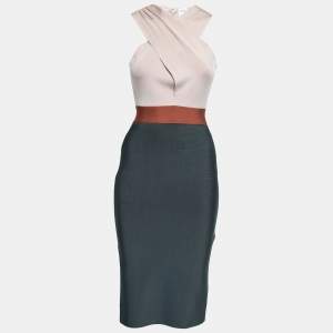 Herve Leger Dust Pink & Teal Stretch Knit Crossover Bodycon Dress XS