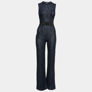 Herve Leger Metallic Blue & Black Stretch Knit Frayed Ribbed Detail Jumpsuit M
