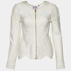 Herve Leger Alabaster Knit Origami Fold Detail Viktoria Zip Up Jacket S