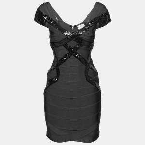 Herve Leger Grey Sequin Embellished Cap Sleeve Bandage Dress S