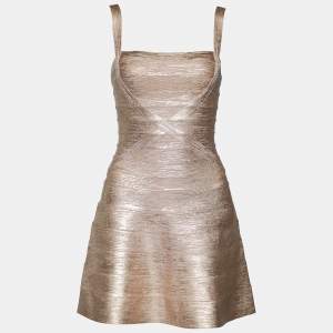 Herve Leger Gold Metallic Foil Print Knit Faith Mini Dress XS