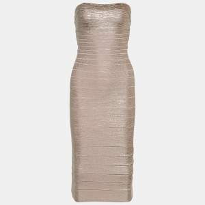 Herve Leger Rose Gold Foil Print Knit Sianna Strapless Dress S