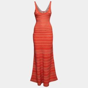 Herve Leger Orange Patterned Stretch Knit Filipa Maxi Dress S 