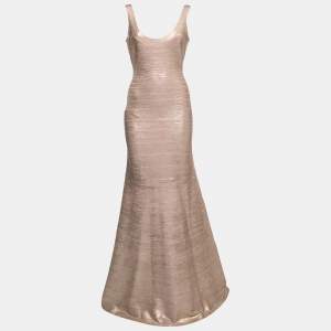 Herve Leger Light Pink & Gold Coated Bandage Ellen Maxi Dress M