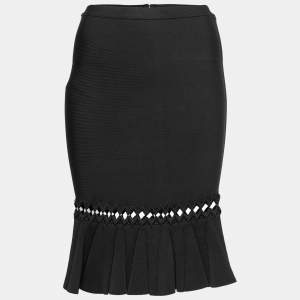 Herve Leger Black Stretch Knit Peplum Pencil Skirt M
