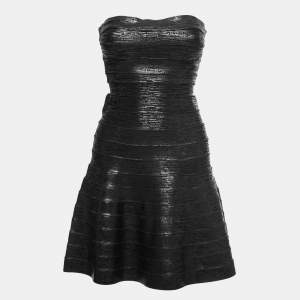 Herve Leger Black Textured Knit Strapless Bandage Mini Dress XS