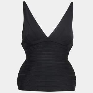 Herve Leger Black Knit V-Neck Sleeveless Top M