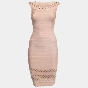 Herve Leger Light Pink Studded Scalloped Bandage Knit Dress S