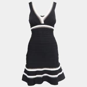 Herve Leger Black Knit Flared Sleeveless Bandage Dress XS