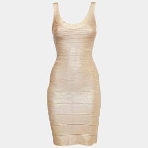 Herve Leger Gold Bandage Knit Scoop Neck Bodycon Mini Dress XS