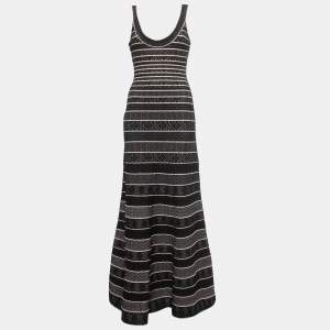 Herve Leger Black Patterned Knit Sleeveless Fit & Flare Gown L