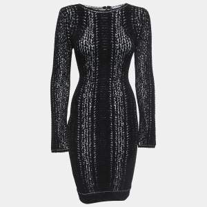 Herve Leger Black Velour Long Sleeve Sheath Dress XS