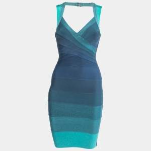 Herve Leger Aqua Green Gradient Knit Amee Bandage Dress XS
