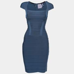 Herve Leger Blue Bandage Knit Cap Sleeve Bodycon Dress XS