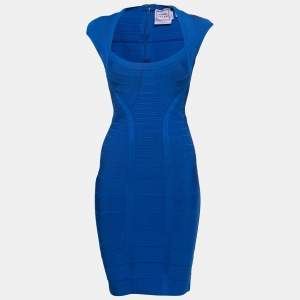 Herve Leger Blue Bandage Knit Cap Sleeve Bodycon Dress S