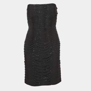 Herve Leger Black Sequined Knit Strapless Mini Dress L
