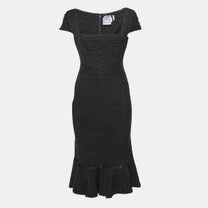 Herve Leger Black Bandage Knit Cap-Sleeve Bodycon Dress M