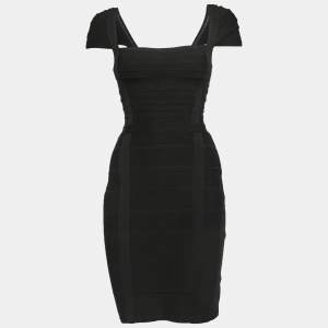 Herve Leger Black Knit Cap Sleeve Mini Bandage Dress XS