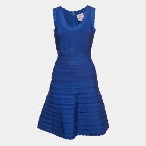 Herve Leger Blue Bandage Knit Scalloped Mini Dress S