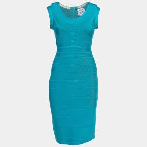 Herve Leger Teal Green Knit Scoop Neck Bandage Dress M