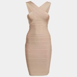 Herve Leger Beige Bandage Knit Off-Shoulder Mini Dress S